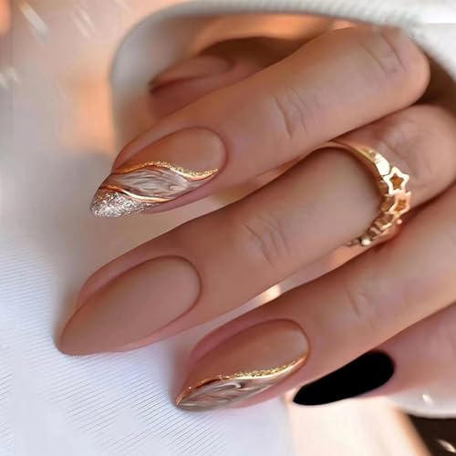 24pcs Short Almond False Nails - Black, Brown Matte & Glitter Gold Swirl - Press On, Glue-On, Full Cover Fake Nails - Women's Brides Nail Art Accessories
