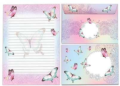 Briefpapier-Set Schreibblock liniert mit Umschlag für Mädchen Kinder Schule Schmetterlinge Blumen (1 Block A5 mit 25 Blättern + 10 passend bedruckte Briefumschläge)