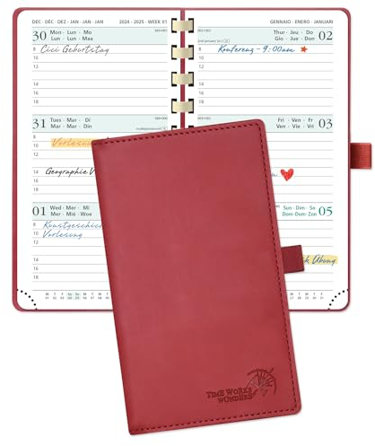 POPRUN Taschenkalender 2025 Klein 16,5 x 9 cm (Aug.2024-Dez.2025) - Kalender 2025 Klein Ringbuch mit Softcover - Terminplaner, Planer 1 Woche 2 Seite mit Kartenschlitz - Burgunderrot