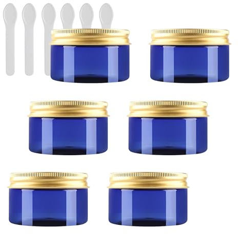 PQPAUTY 6 Pièces Vides Petit 150 ml Bleu Cosmétique Pot en Plastique avec Couvercle Or 150 g Pots de Cosmétique Crème de Bouteille Contenant avec 6x Spatules