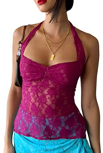Himllauen Damen Lace Ärmellos Neckholder Sexy Top Sommer Rückenfreies Oberteil Y2k für Club Party (Lila, S)