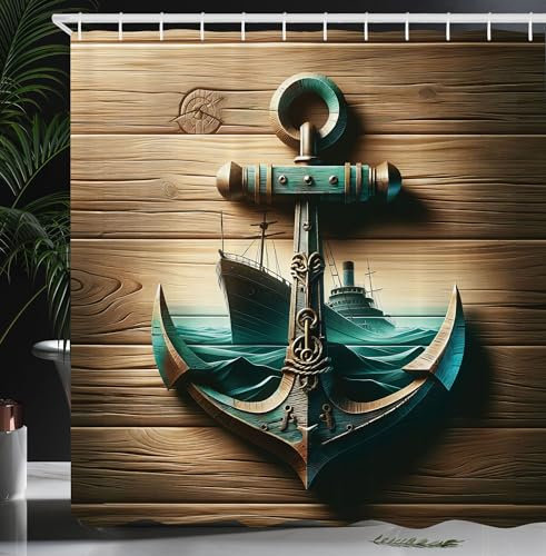 ABAKUHAUS Nautisch Duschvorhang, Anker mit Segelschiff durch Wellen Abstrakte Ozeanabenteuerszene, Stoffliches Gewebe Badezimmerdekorationsset mit Haken, 175 x 200 cm, Sand Braun Dunkles Teal