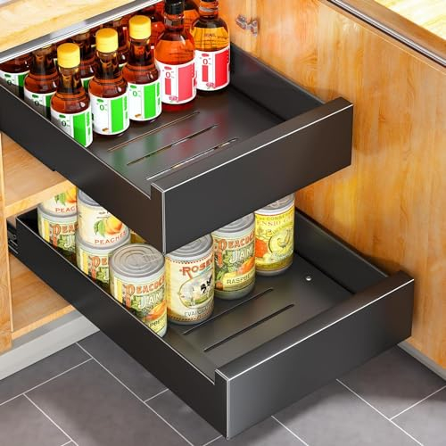 Auauraintt Cajón telescópico, Ampliable Cajón Deslizante Para Alacena, Bandejas Extraibles Armarios Cocina,Organizador De Gabinete Extraíble Fijo con Nano Película Adhesiva, (ancho 25 cm) (negro)
