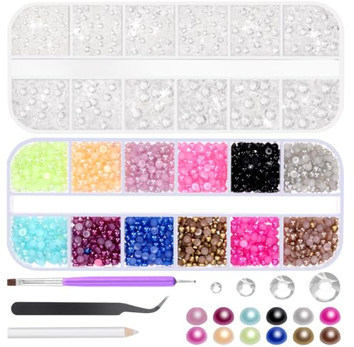 Glarks 4403Pcs Strass Edelsteine und Flatback Perle Set, klar-weißer Strass und gemischte Farben Flatback Perlen mit 3pcs Werkzeugen für Handwerk Kleidung Schuhe DIY Tumblers