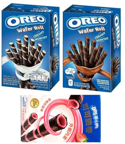 3er Oreo Wafer Roll Probierpaket Mit Vanille, Schokoladen & Erdbeer Rolls - 3x50g Packung - Knusprige Keksrollen mit leckerer Füllung