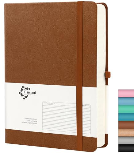 Fasood Notizbuch A5 Liniert, Hardcover Journal Notizbücher, mit 320 Seiten, 100g/m² Dickes Papier, Mehrfarbige Registerkarten, Stiftlasche und Dokumententasche, Geeignet für Schulen und Büros (Braun)