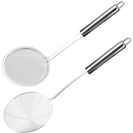 WYRGQIQN 2 Kit de Espumaderas de Cocina, Espumadera de Silicona y Acero Inoxidable, Colador Multiusos con Mango de Madera
