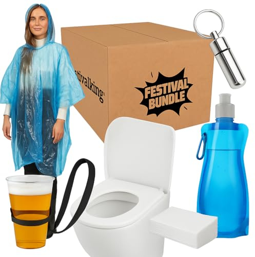 Festival Set 5-teiliges Camping Kit Hygiene Set, Bundle mit 10x Toilettensitz Abdeckung, Faltbare Trinkflasche, Festival Becherhalter, Regenponcho Pillenbox, Festival Gadget Zubehör Damen Herren