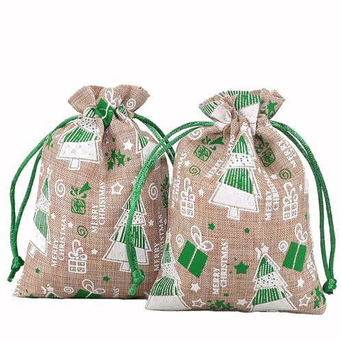 HERZONE 24pcs Weihnachten Jutesäckchen Jute Säckchen mit Weihnachts Motiv Geschenksäckchen Jutesack Jute Beutel Geschenkverpackung Stoffbeutel Weihnachts Dekoration (10X14cm)
