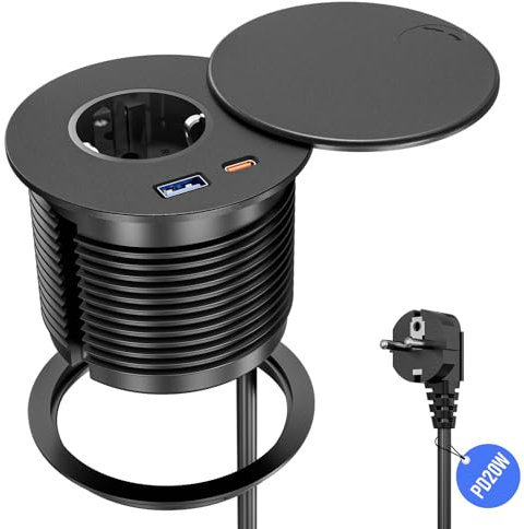 Einbausteckdose mit USB C PD 20W, Sewingvr Tischsteckdose mit Abdeckung ausgestattet, Versenkbare Steckdose mit USB A und C, 2m Kabel, Schwarz