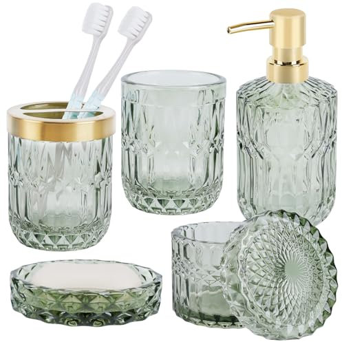 NZZVNZ 5 Stück Grünes Glas Badezimmer Zubehör Set, Moderne Seifenspender Set, Seifenschale, Zahnbürstenhalter, Wattestäbchen Kanister, Becher, Badezimmer Deko Set, Vintage Geschenk