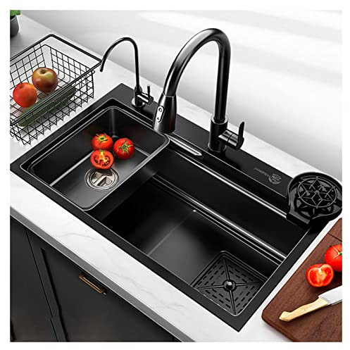 JXDWTL Fregadero de Cocina, Fregadero de Cascada de Acero Inoxidable 304, con Grifo extraíble, fregaderos Grandes de un Solo tazón, con Grifo, Lavabo en Lavabo, lavavasos, Tabla de Cortar