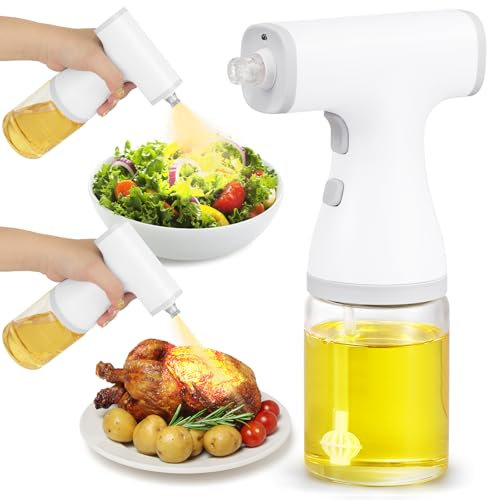 YSWOVUO 250ml Eléctrico Pulverizador Aceite, Spray Aceite Cocina Eléctrico con Dos Modos de Pulverización y Luz Led, Cargador USB, Aceitera Spray Pulverizador Vidrio para Parrilla, Ensaladas, Blanco