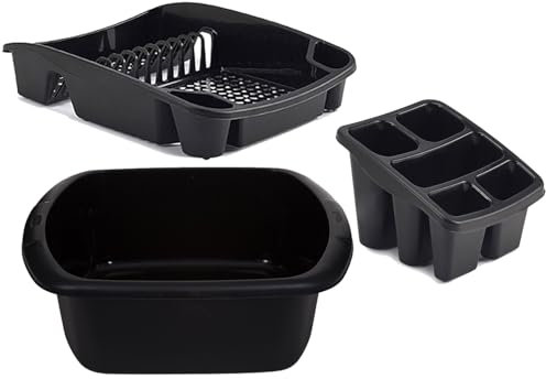 ZARVICZONIA Plastic Dish Drainer Set, Includes Cutlery Holder and Draining Tray, Grey, Gold, Black and Cream Pack 3 set (Black)