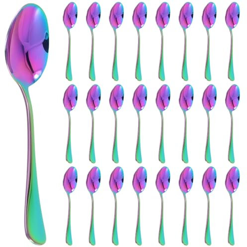 FUNSUEI Pack of 25 Rainbow Tea Spoons, 13.5 cm, Stainless Steel Coffee Spoons, Rainbow Colours, Dessert Spoons, Colourful for Tea, Coffee, Dessert