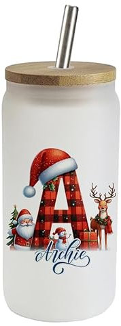 Getagift Personalised Christmas Alphabet Letter, Initial with Name, Xmas, Secret Santa Alphabet, Frosted Glass Tumbler 18 OZ with Bamboo Lid and Silver Straw, Glass Can, Wide Mouth Jar for Drinks.