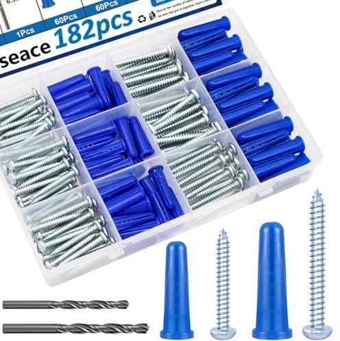 smseace 182PCS Concrete Anchors and Screws Kit, 90PCS Concrete Wall Anchors, 90PCS Self Tapping Concrete Screws and 2PCS Drill Bit Conical Concrete Wall Anchors and Screws
