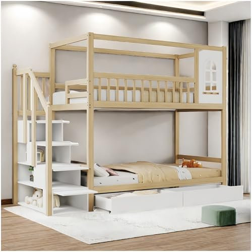 Lubvtti Litera Infantil con 2 cajones y Escalera de Almacenamiento, Cama de Matrimonio de Madera Maciza,literas Juveniles 90 x 200, Cama Infantil con Barras de Seguridad, Blanco+Natural