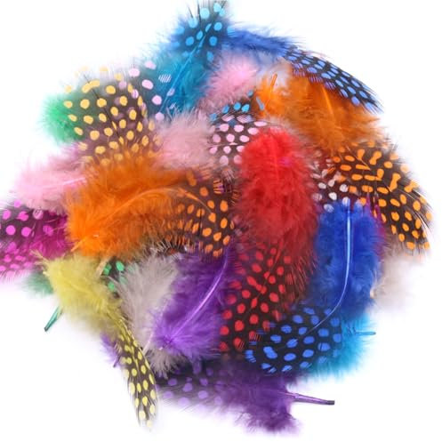 ENLACE 100 Stück Bunte Federn zum Basteln, 4,5-10 cm Natürliche Gesprenkelte Perlhuhnfedern, Bastelfedern für DIY Ohrring Hochzeit Traumfänger Kopfschmucksfedern