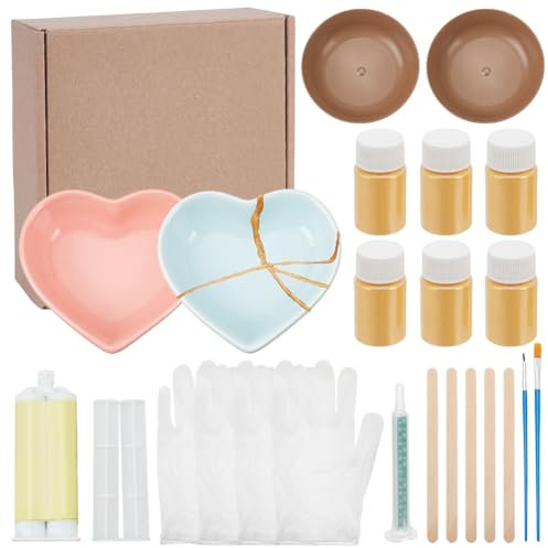WEBEEDY Kintsugi Kit de reparación de oro, 22 piezas de cerámica japonesa con cerámica práctica y pegamento alimentario para reparar su cerámica rota significativa cristal