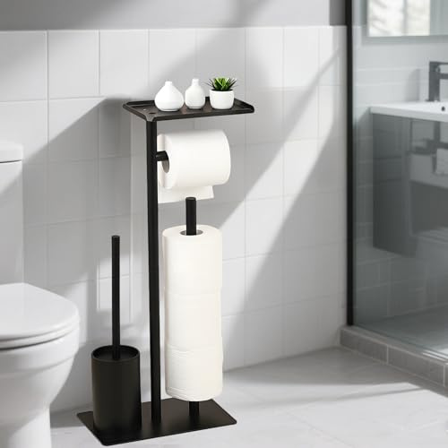 Spalivivre Portarrollos de papel higiénico de suelo, soporte para rollo de papel higiénico y escobilla negro, soporte para papel higiénico de pie con escobilla para inodoro