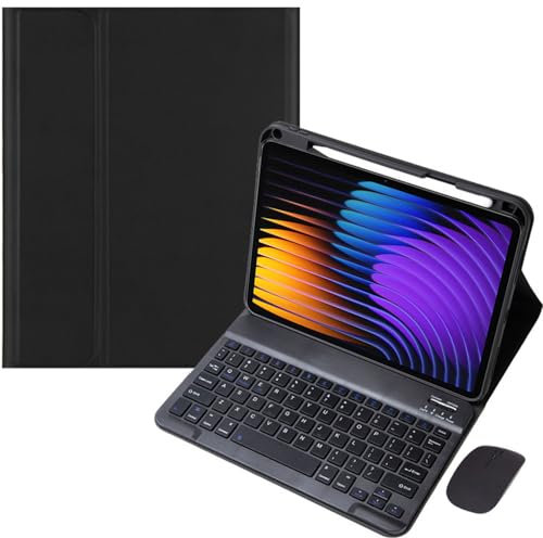 EHLCYS Custodia Con Tastiera Per Xiaomi Pad 7/Pad 7 Pro 11,2 Pollici 2024, QWERTY Tastiera Bluetooth Rimovibile, Cover Posteriore Multi-Angolo Pelle PU Ultrasottile Con Portapenne E Mouse,Nero