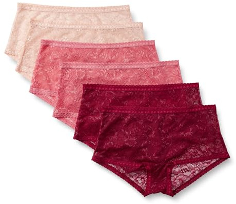 Amazon Essentials Culottes Entièrement en Dentelle Extensible, Modèles Shorty, Cheeky et String Femme, Lot de 6