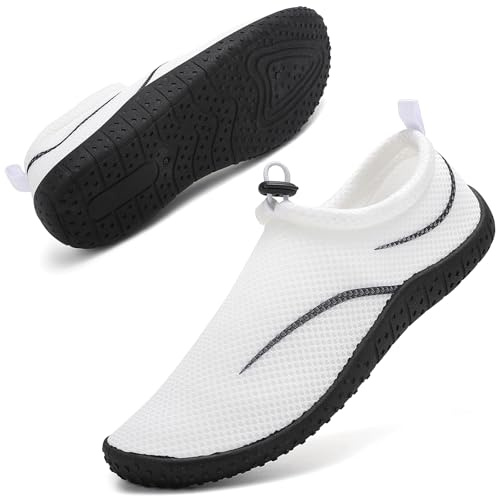 Water Shoes Beach Shoes Swim Swimming Aqua Socks Barefoot for Sea Pool Quick Dry Lightweight Breathable Adjustble Surf Dive Women Men(Drawstring Line White 44 EU/9.5 UK)
