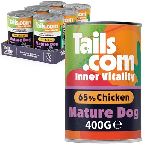 Tails.com • Wet Dog Food 6 x 400g • Chicken • Mature/Senior 7 years • Hypoallergenic Recipe • Made with natural ingredients • Contains Paraprobiotics to Support Gut Health | Hypoallergenic wet food for senior dogs, 65% chicken, glucosamine & chondroitin for joints, paraprobiotics for gut health.