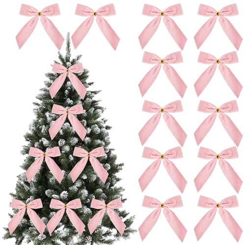 12 piccoli fiocchi natalizi in velluto, 8,9 cm, rustici, per regali, fiocchi vintage, per albero di Natale, ghirlande, fai da te, decorazioni per confezioni fai da te, colore: rosa