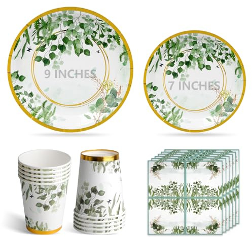 100Pcs Eucalyptus Green Party Plates Cups and Napkins, 9 and 7 Strong Disposable Paper Plates, Party Tableware Set 25 Guests for Picnic Birthday Bridal Baby Shower Wedding