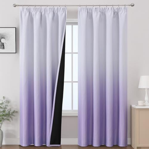 VEHEDE Lila und Weiß Blackout Vorhänge für Schlafzimmer, Wärmeisolierte volle Raum Verdunkelung Ombre Vorhang für Wohnzimmer mit Kräuselband, 2er Set 214cm Länge Gardinen Curtain, H214 x B132 cm