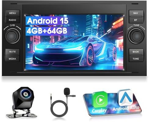 Motorsi 4+64G Android 15 para Transit Fiesta Focus Galaxy Mondeo Fusion Kuga C-MAX S-MAX Connect, Radio Estéreo de un 1 DIN de 7'' con Bluetooth,Carplay, Android Auto, EQ, GPS, Compatible con Dab