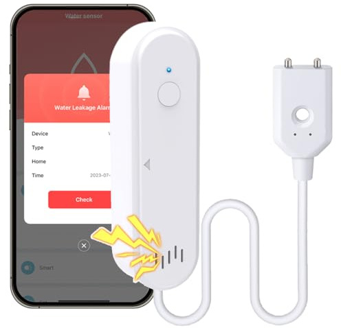 Acmerota Smart Wassermelder, Wassermelder WLAN, Smarter Wasserleck-Sensor 100dB Alarm Intelligent Überlauf- und Leckagealarm, Echtzeitbenachrichtigungen,für zu Hause, 1m (3,28 ft) langem Sensorkabel