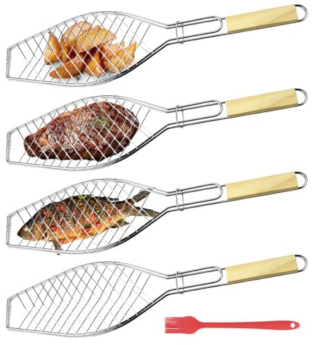 GBKDQQ 4er Set Fischbräter, Fisch Grillhalter mit Holzgriff, Edelstahl Fischgrillgitter mit Ölbürste, 60 x 15 cm Fischzange zum Grillen Fischhalter Fischgrillzange für Grill und BBQ