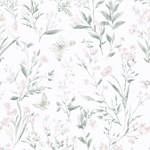 Yomshi Peel and Stick Wallpaper Pink and Green Watercolor Butterfly and Floral Wallpaper 44 x 300 cm Boho Contact Paper for Bathroom Wall Covering Shelf Cabinets Waterproof Self Adhesive Removable