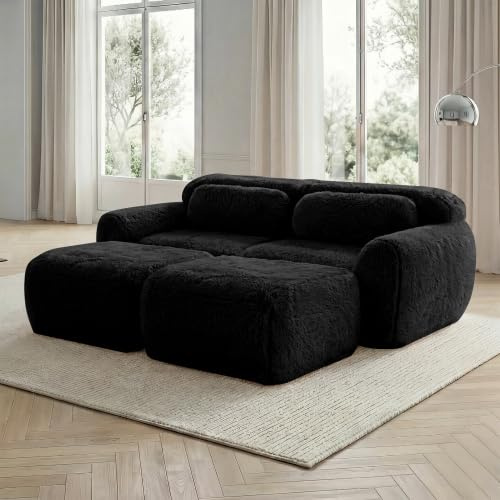 vutizal Modulares Sofa-Set mit Schlaffunktion & 2 Ottomans, L-Form – Ohne Aufbau, aus weichem XXL-Plüsch für große Wohnzimmer – Schwarz