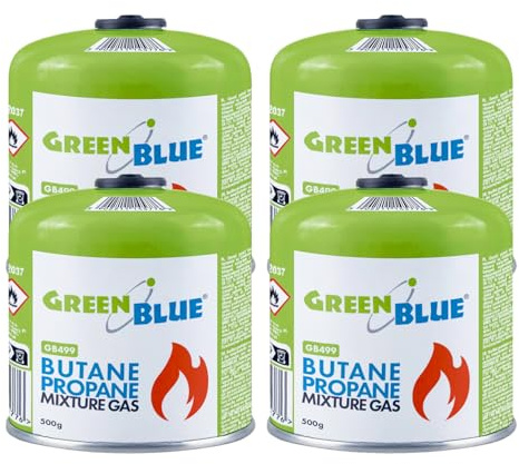 Green Blue GB499 Gaskartusche 500 g EN417, Gewinde 7/16, Propan-Butan, Gas-Stop-System, für Campingkocher, Camping- und Trekkingbrenner sowie Wohnmobile, Einsatzbereich -10 °C bis +40 °C (2, Grün)