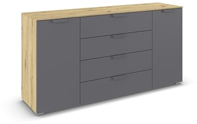 Rauch Möbel ADITIO, Kommode, Grau metallic/Eiche Artisan, Breite 160 cm | Sideboard im modernen Look, 2-türig, 4 Schubladen, Soft-Close-Funktion, für Schlafzimmer, Gästezimmer, Wohnzimmer, Flur