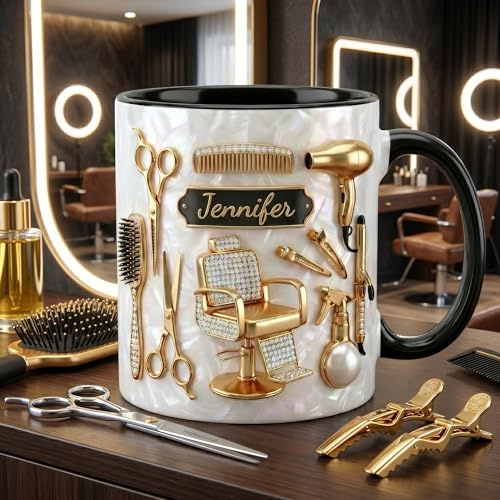 Mug Coiffeur Personnalisé avec Prénom, Tasse Personnalisée Coiffeuse & Barber pour Femme Homme, Mug en Céramique Personnalisable, Cadeau Coiffeuse, 7 Couleurs, Impression Recto Verso 2D, 325 ml/440 ml
