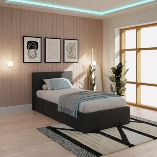 GFW Classic Leather Upholstered Ottoman Storage Bed With Gas Side Lift & Under Bed Storage, Single, Black