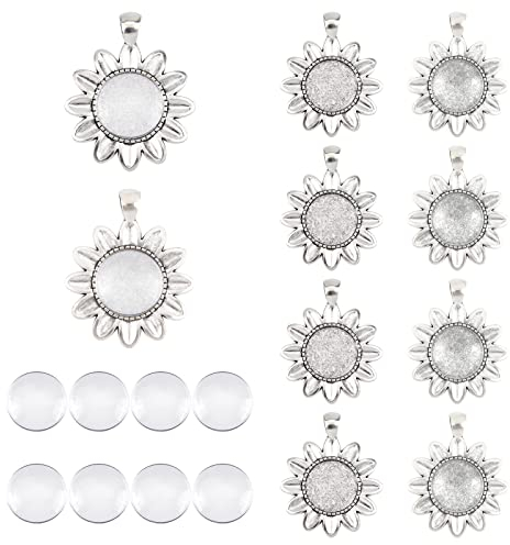 NBEADS 10 Sets Sun Flower Aleación Colgante Half Round/Dome Tray con Cabujones de Vidrio Transparente, Plata Antigua
