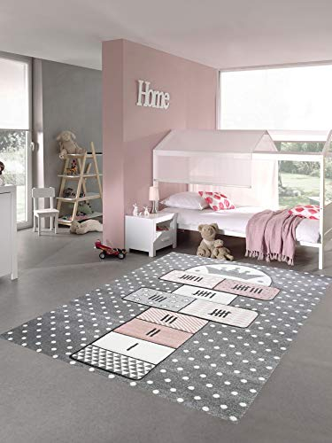 Merinos Kinderteppich Hüpfspiel Teppich Hüpfkästchen in Grau Rosa Creme Größe 140x200 cm