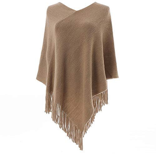 LIKIN Damen Strick-Poncho Pullover, V-Ausschnitt, Leichter Schal, elegant mit Fransen - Beige - Einheitsgröße