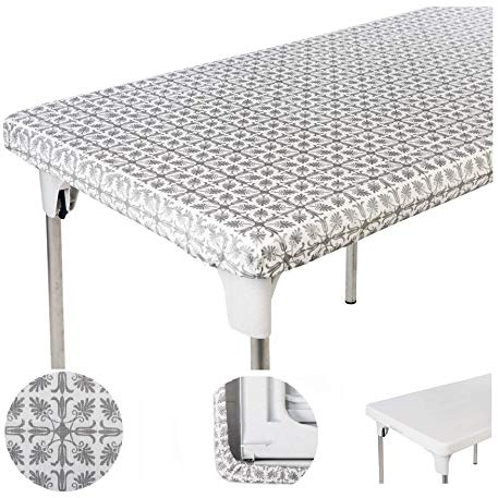 TopTableCloth Plastic Vinyl Tablecloth Silver Patterned 4ft 48 x 24 inch Elastic Tablecloth Rectangular Fitted Picnic Folding Table Cover Outdoor tablecloths Rectangle Tables Home Indoor Thanksgiving