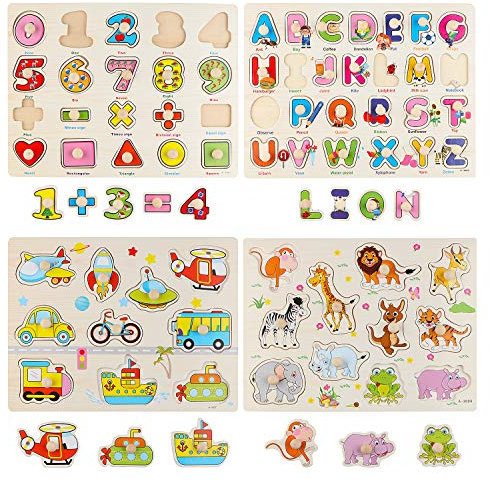Wondertoys 4 Pieces Wooden Jigsaw Puzzles Vehicles/Alphabet ABC/Fruit/Animal/Alphabet Number Peg Jigsaw Educational Puzzles for Kid Toddler Boys Girls