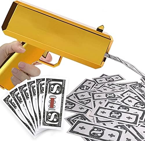 Gold Money Gun Shooter with 100pcs Prop Money Cash Gun Shoot Make It Rain Money Guns Fake Guns Play Toys for Party