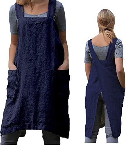 ZQFFB Schürze mit Kreuzrücken, für Damen, mit Taschen, japanischer Kittel für Arbeit, Gartenarbeit, Kochen, Malen, Backen