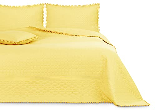 AmeliaHome Tagesdecke mit Pompons 240x260 cm Bettüberwürf zweiseitig Ultrasonic Steppung Polyester Meadore Gelb