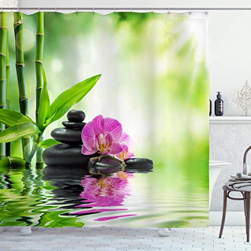 OCEUMACO 3D Zen Duschvorhang 240x200 Shower Curtains Textil Antischimmel Wasserdicht Orchidee Bambus Motiv Duschvorhänge Badewanne Extra Breit Waschbar Stoff Dusche Vorhang mit Ringen - Grün 2